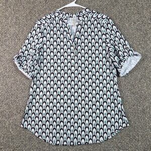 Perseption Concept Blouse Womens Large Teal Black Geometric Roll Tab TP-MS-200